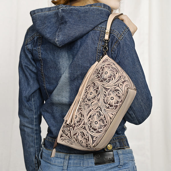 ADBG1234 American Darling Hand-Tooled Western Leather Wristlet Bag - Genuine Floral Carved Women Clutch