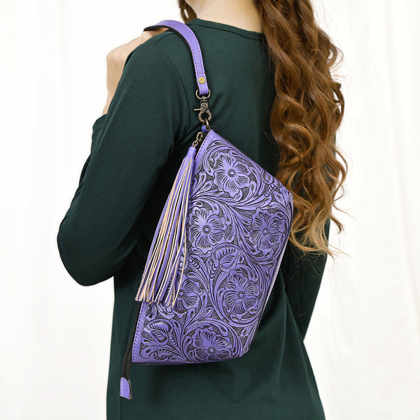 ADBG1234 American Darling Hand-Tooled Western Leather Wristlet Bag - Genuine Floral Carved Women Clutch
