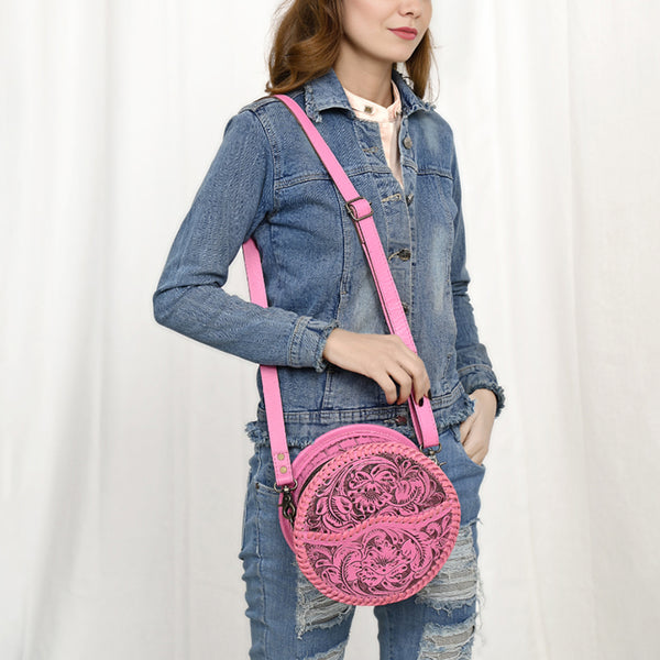 ADBG1461 American Darling Western Leather Canteen Bag Pink Hand-Tooled Floral Detailing | Genuine Leather Crossbody