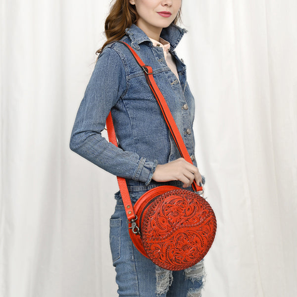 ADBG1461 American Darling Western Leather Canteen Bag with Hand-Tooled Floral Detailing-Genuine Leather Crossbody