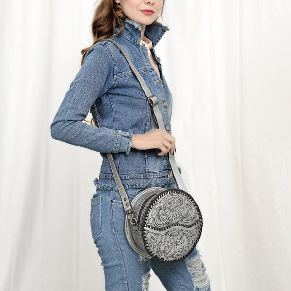 ADBG1461 American Darling Western Leather Canteen Bag with Hand-Tooled Floral Detailing-Genuine Leather Crossbody