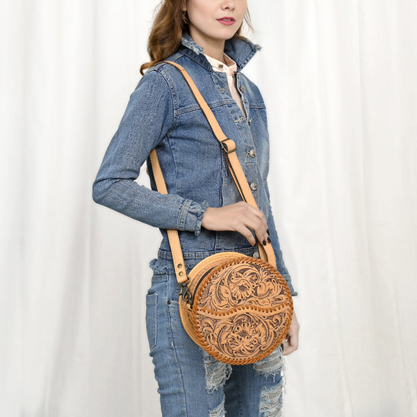 ADBG1461 American Darling Western Leather Canteen Bag with Hand-Tooled Floral Detailing-Genuine Leather Crossbody