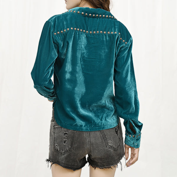 ADDR004 American Darling Turquoise Velvet Fabric Shirt Studded Western Top