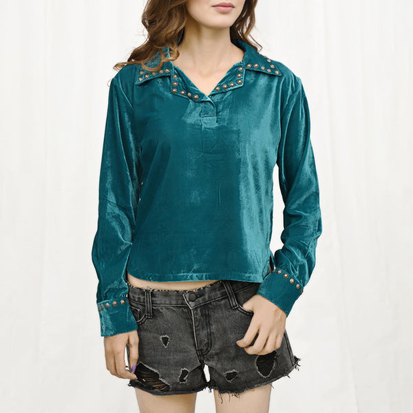 ADDR004 American Darling Turquoise Velvet Fabric Shirt Studded Western Top