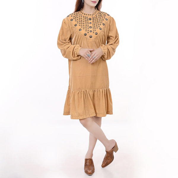 ADDR005 American Darling Tan Fabric Dress Western Studded Concho Tunic Top