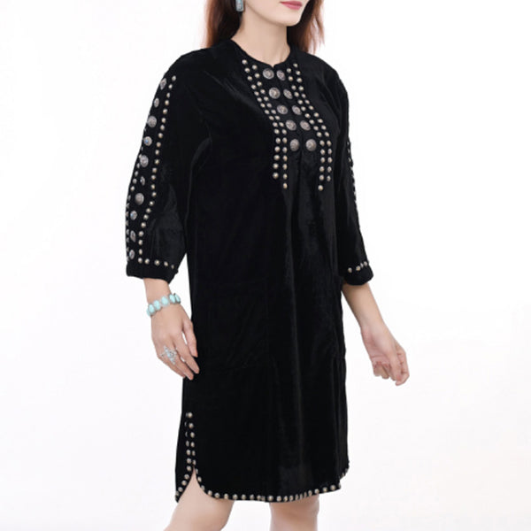 ADDR006 American Darling Black Fabric Dress Studded Western Boho Tunic