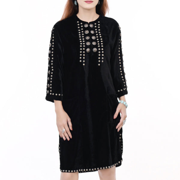 ADDR006 American Darling Black Fabric Dress Studded Western Boho Tunic