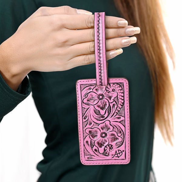 ADBG1462 American Darling Western Pink Leather Hand-Tooled Card Holder with Strap | Genuine Leather Travel ID Tag