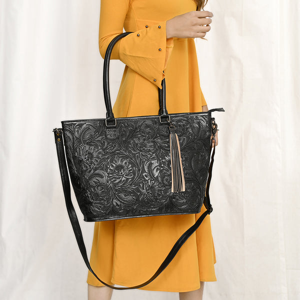 ADBG1480 American Darling Hand Tooled Western Leather Tote Bag with Floral Carving & Tassel Genuine Leather