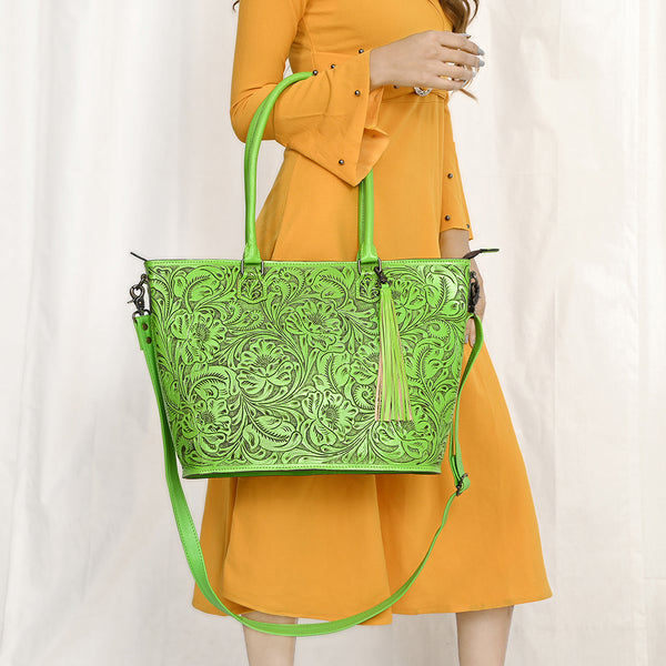 ADBG1480 American Darling Hand Tooled Western Leather Tote Bag with Floral Carving & Tassel Genuine Leather