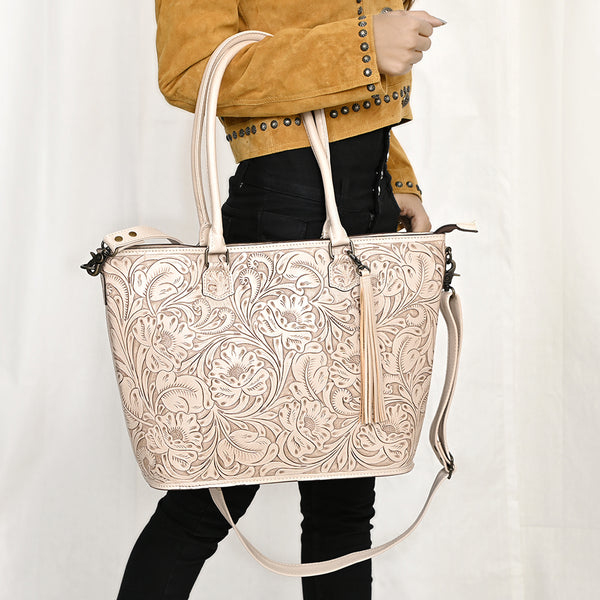 ADBG1480 American Darling Hand Tooled Western Leather Tote Bag with Floral Carving & Tassel Genuine Leather