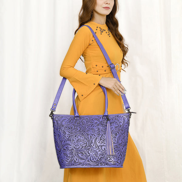 ADBG1480 American Darling Hand Tooled Western Leather Tote Bag with Floral Carving & Tassel Genuine Leather