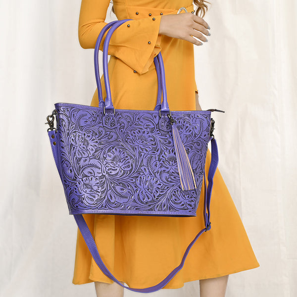 ADBG1480 American Darling Hand Tooled Western Leather Tote Bag with Floral Carving & Tassel Genuine Leather