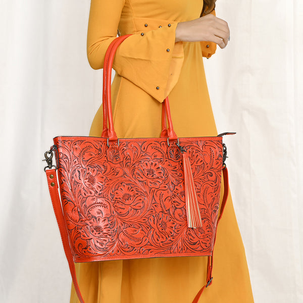 ADBG1480 American Darling Hand Tooled Western Leather Tote Bag with Floral Carving & Tassel Genuine Leather