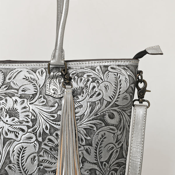 ADBG1480 American Darling Hand Tooled Western Leather Tote Bag with Floral Carving & Tassel Genuine Leather