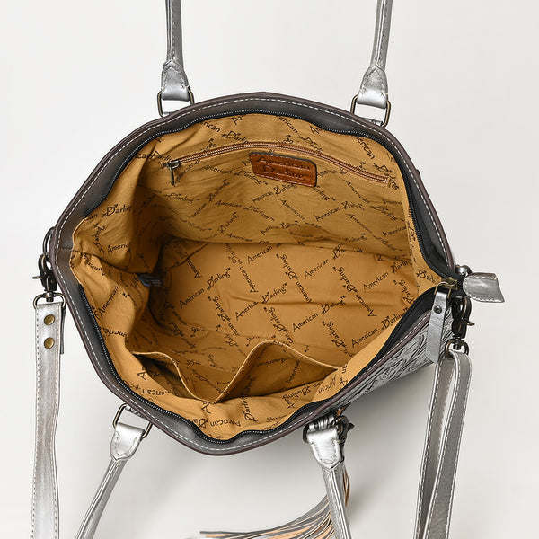 ADBG1480 American Darling Hand Tooled Western Leather Tote Bag with Floral Carving & Tassel Genuine Leather