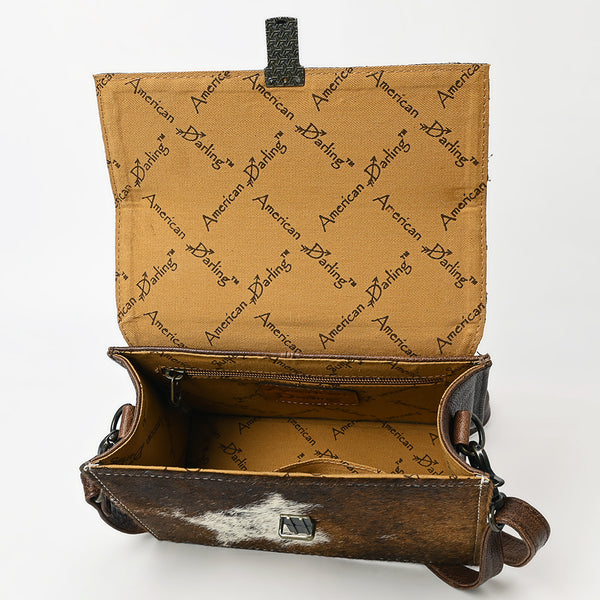 ADBG1465 American Darling Western Leather Small Cross Body Bag with Hand-Tooled Floral Detailing & Cowhide Panel