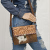 ADBG1465 American Darling Western Leather Small Cross Body Bag with Hand-Tooled Floral Detailing & Cowhide Panel