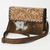 ADBG1465 American Darling Western Leather Small Cross Body Bag with Hand-Tooled Floral Detailing & Cowhide Panel
