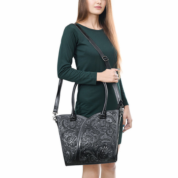 ADBG1473 American Darling Handcrafted Western Leather Tote Bag with Floral Tooled Detailing
