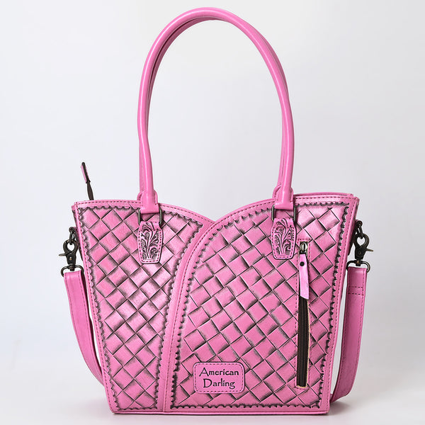 ADBG1473 American Darling Pink Western Leather Tote Bag | Hand-Tooled Floral Carved Genuine Leather Tote