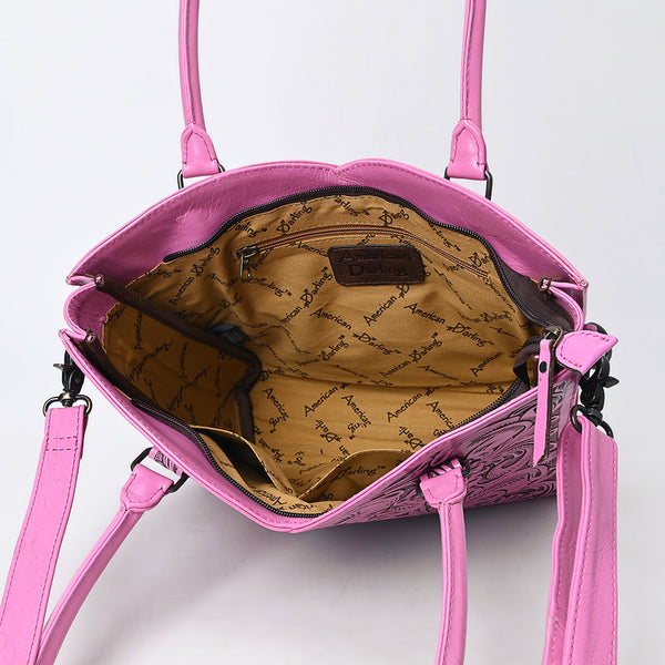 ADBG1473 American Darling Pink Western Leather Tote Bag | Hand-Tooled Floral Carved Genuine Leather Tote