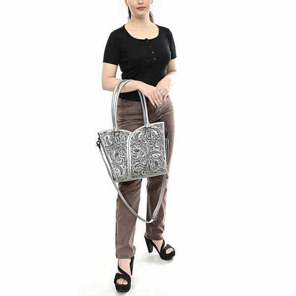 ADBG1473 American Darling Handcrafted Western Leather Tote Bag with Floral Tooled Detailing