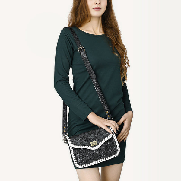 ADBG1475 American Darling Western Genuine Leather Small Cross Body Bag with Hand-Tooled Floral Design