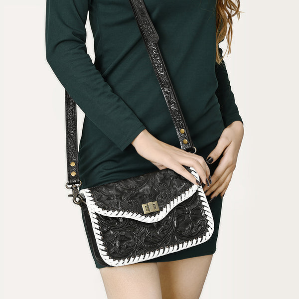 ADBG1475 American Darling Western Genuine Leather Small Cross Body Bag with Hand-Tooled Floral Design