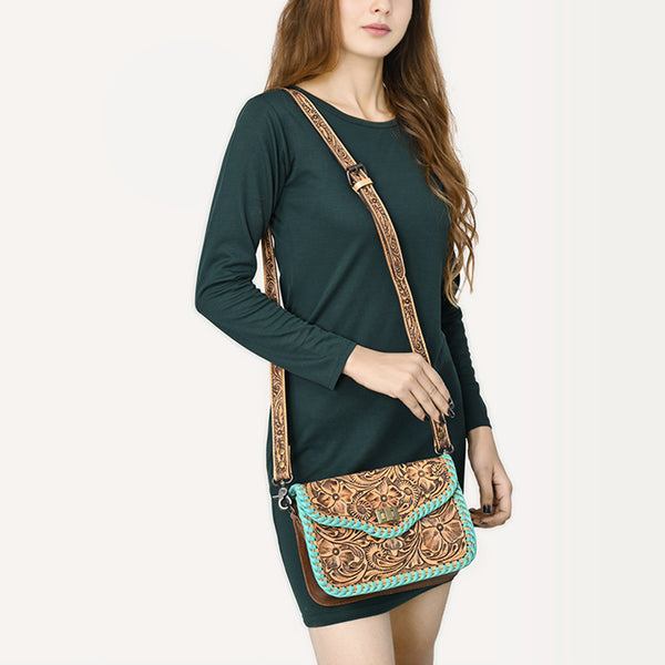 ADBG1475 American Darling Western Genuine Leather Small Cross Body Bag with Hand-Tooled Floral Design