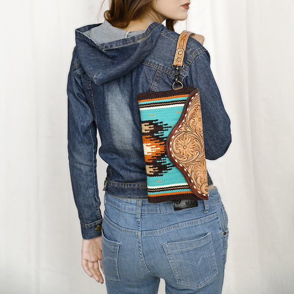 ADBG1477 American Darling Hand Tooled Leather Western Wristlet Bag with Saddle Blanket & Floral Carved Flap