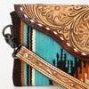 ADBG1477 American Darling Hand Tooled Leather Western Wristlet Bag with Saddle Blanket & Floral Carved Flap