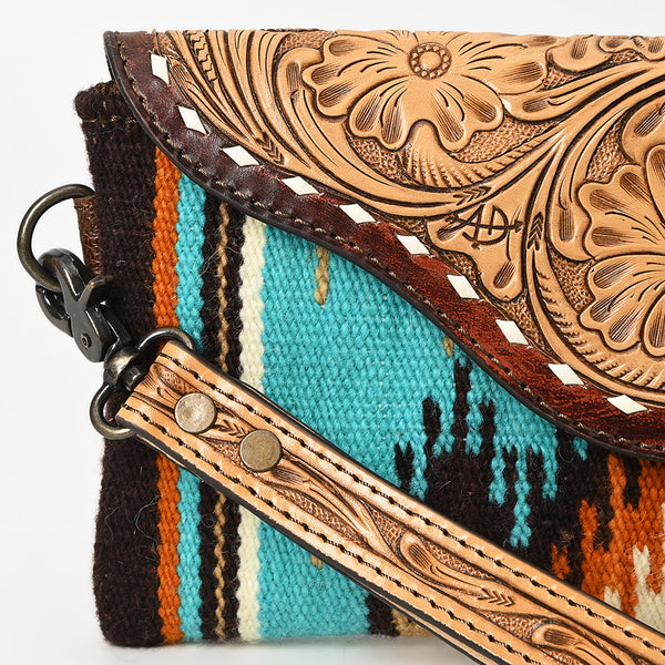 ADBG1477 American Darling Hand Tooled Leather Western Wristlet Bag with Saddle Blanket & Floral Carved Flap