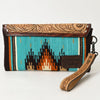 ADBG1477 American Darling Hand Tooled Leather Western Wristlet Bag with Saddle Blanket & Floral Carved Flap