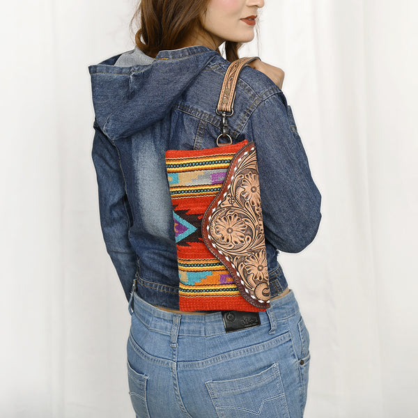 ADBG1477 American Darling Hand Tooled Leather Western Wristlet Bag with Saddle Blanket & Floral Carved Flap