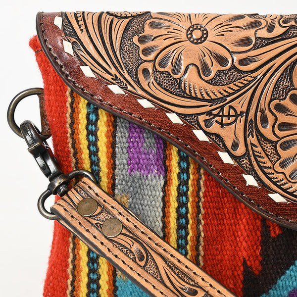 ADBG1477 American Darling Hand Tooled Leather Western Wristlet Bag with Saddle Blanket & Floral Carved Flap