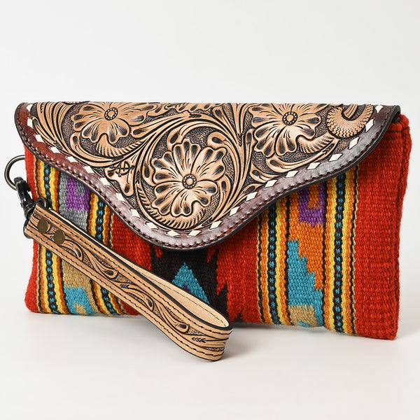 ADBG1477 American Darling Hand Tooled Leather Western Wristlet Bag with Saddle Blanket & Floral Carved Flap