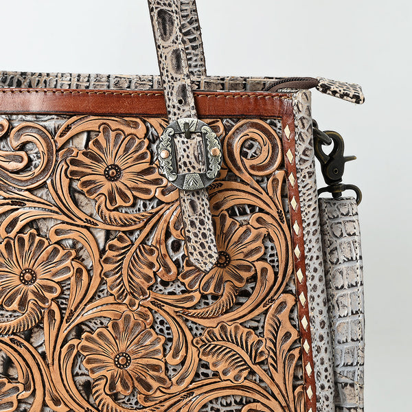 ADBG1478 American Darling Western Genuine Leather Tote Bag with Hand-Tooled Floral Front & Crocodile Embossed Back