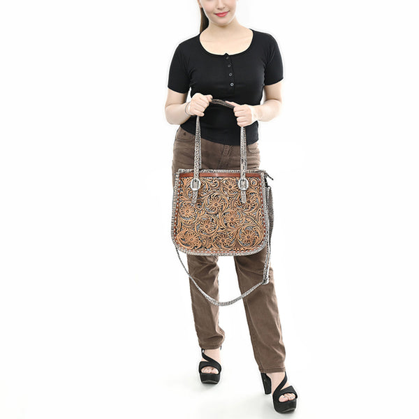 ADBG1478 American Darling Western Genuine Leather Tote Bag with Hand-Tooled Floral Front & Crocodile Embossed Back