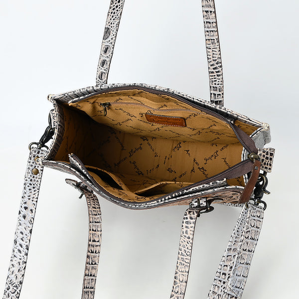 ADBG1478 American Darling Western Genuine Leather Tote Bag with Hand-Tooled Floral Front & Crocodile Embossed Back