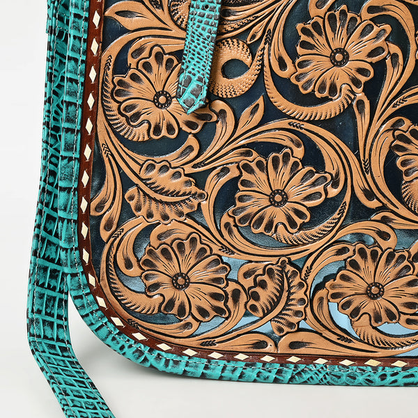ADBG1478 American Darling Western Genuine Leather Tote Bag with Hand-Tooled Floral Front & Crocodile Embossed Back