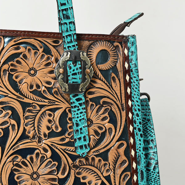 ADBG1478 American Darling Western Genuine Leather Tote Bag with Hand-Tooled Floral Front & Crocodile Embossed Back