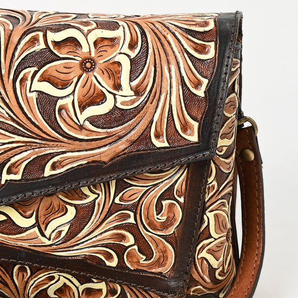 ADBGA560 American Darling Hand-Tooled Tri-Flap Leather Western Crossbody Bag Floral Design