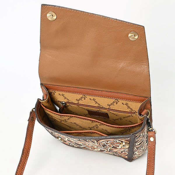 ADBGA560 American Darling Hand-Tooled Tri-Flap Leather Western Crossbody Bag Floral Design
