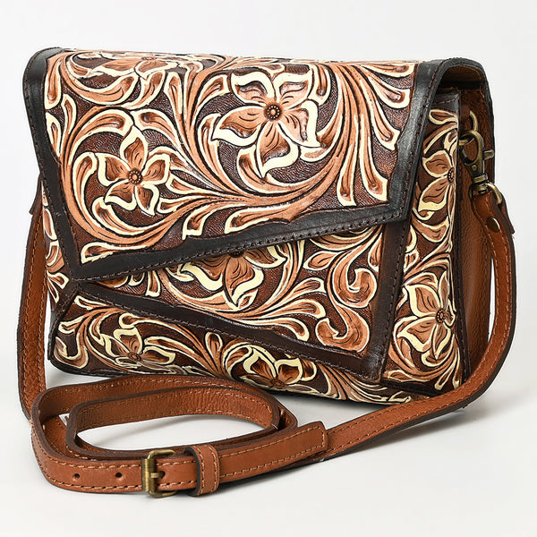 ADBGA560 American Darling Hand-Tooled Tri-Flap Leather Western Crossbody Bag Floral Design