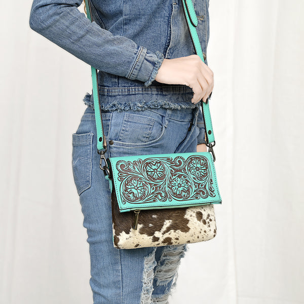 ADBGZ846 Hand-Tooled Leather & Cowhide Zip-Top Crossbody Bag - American Darling
