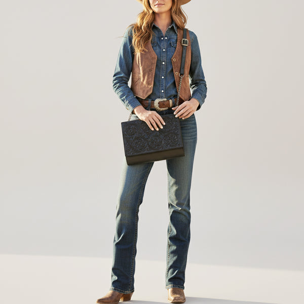 ADBGZ854 Black Tooled Leather Chain Strap Crossbody Bag American Darling