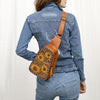 ADBG1481 American Darling Western Leather Sling Bag with Hand-Tooled Floral Carving Genuine Leather