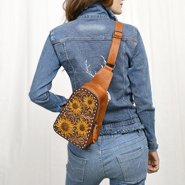 ADBG1481 American Darling Western Leather Sling Bag with Hand-Tooled Floral Carving Genuine Leather