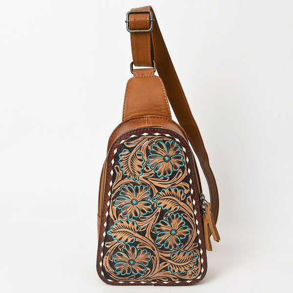 ADBG1481 American Darling Western Leather Sling Bag with Hand-Tooled Floral Carving Genuine Leather